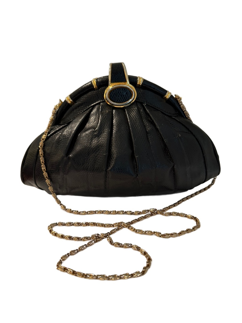 Vintage Nine West Bag Black Pleated Faux Lizard Evening Clutch Hidden Gold Chain